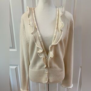 Sarsaparilla Ivory Cotton Lambswool Ruffle Satin Ribbon Detail Cardigan Size XL